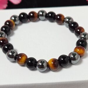 Tiger Eye Black Obsidian Hematite Beaded Bracelet | Natural Stone Stretch Unisex